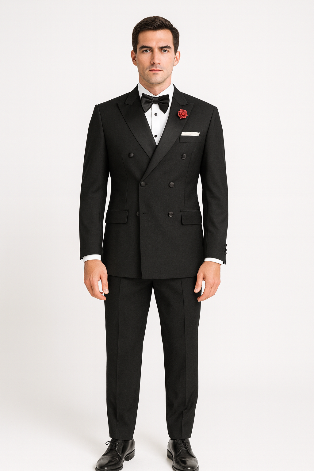Man wearing a black tuxedo with a red boutonniere on a white background